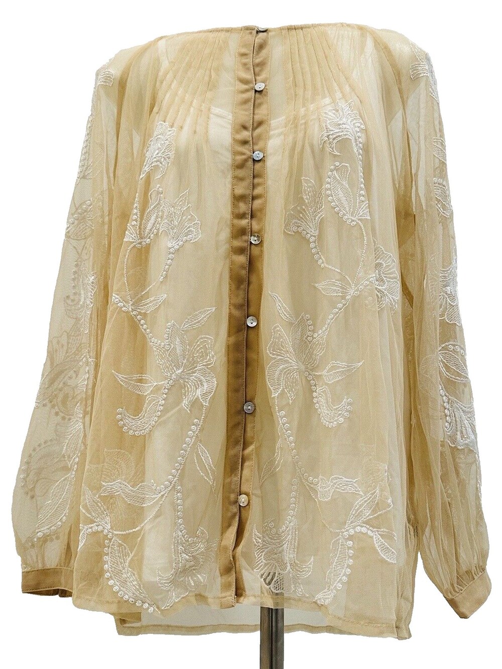 Soft Surroundings Charlotte Top Women's Large Chiffon Embroidery Beige Blouse